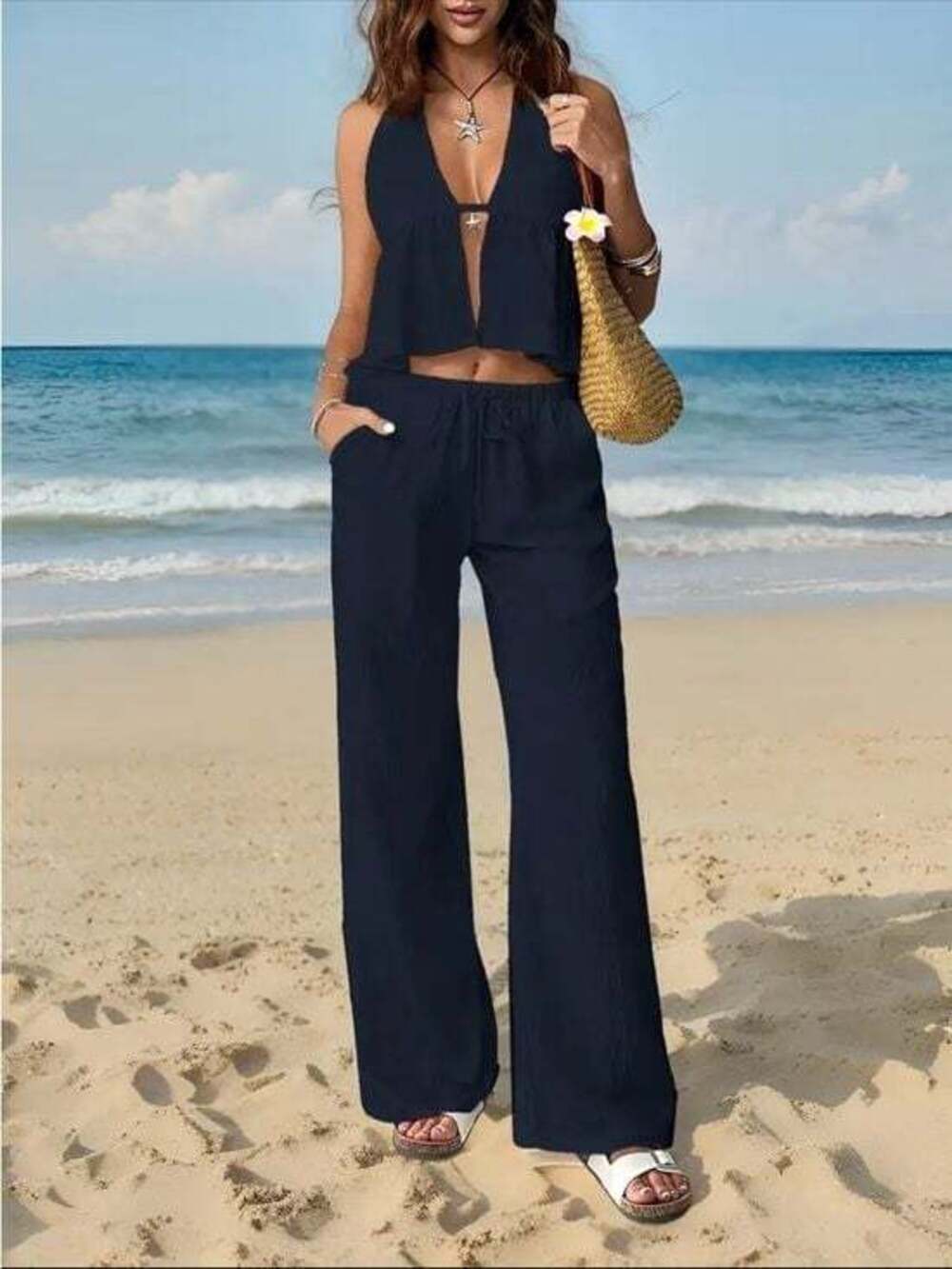 Trendy Vacation Set Navy Halter Top Wide-Leg Pants Set Small
